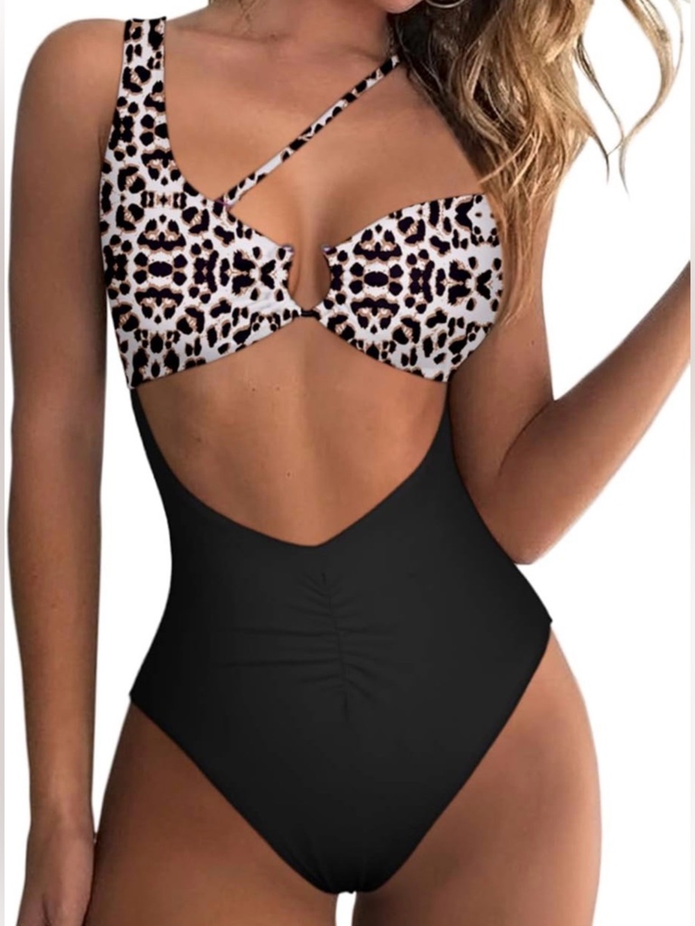 Leopard Print & Black One-Piece Swimsuit